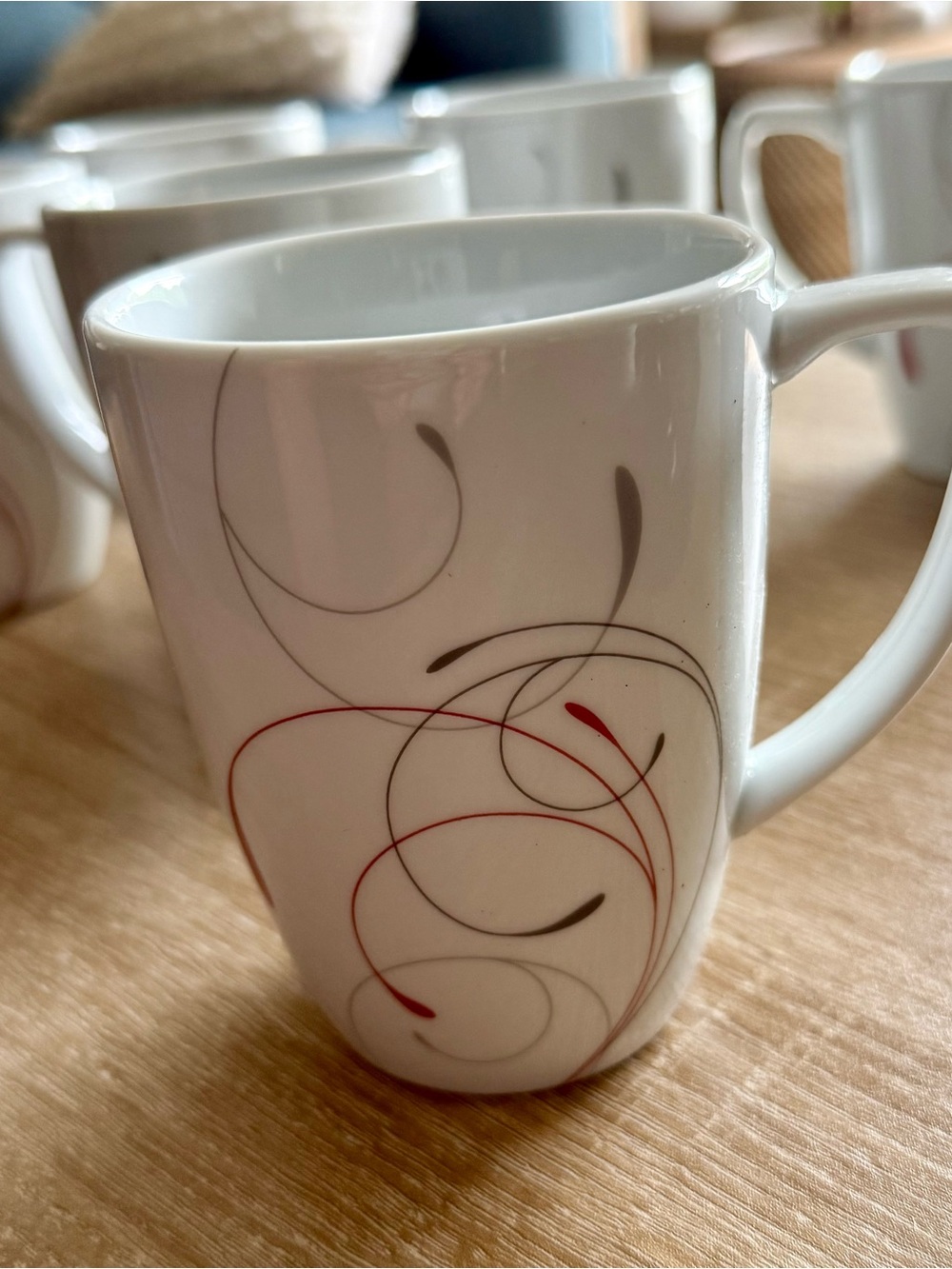 Corelle Slendor Porcelain Mugs White with Red and Gray Swirl Pattern - Set of 6